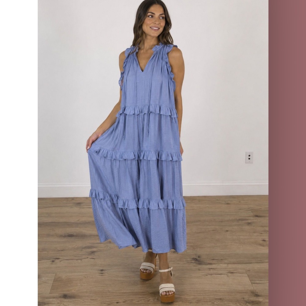 Talulah Mockingbird Midi Dress Blue Ruffle Tiered MDR9042 Boho Beachy Feminine M